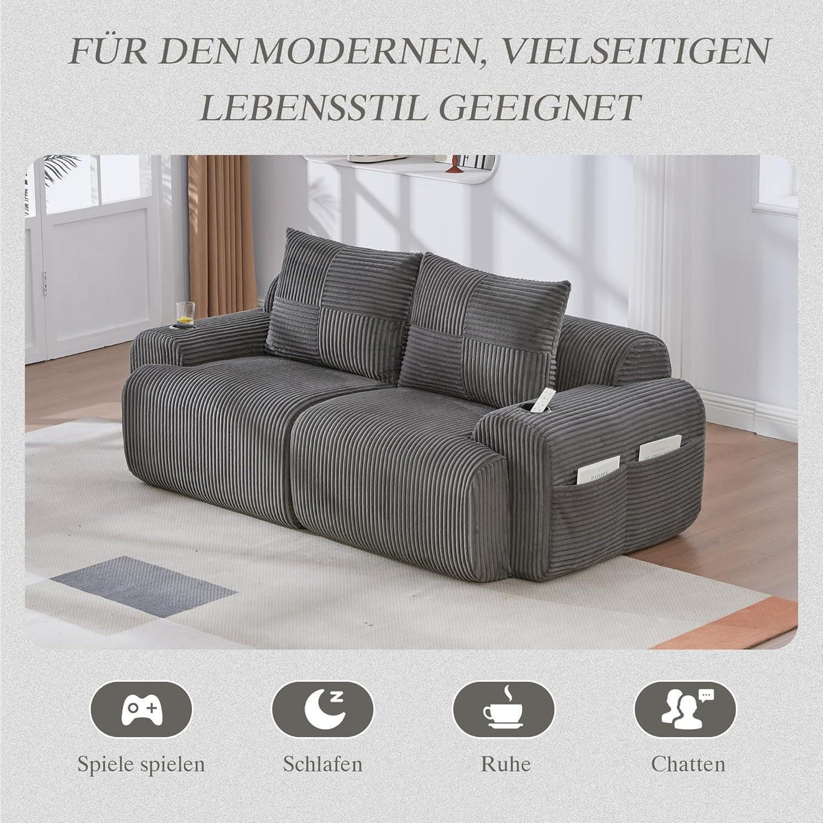 Cord 2-Sitzer Sofa mit Stauraum & Getränkehalter – Dunkelgrau