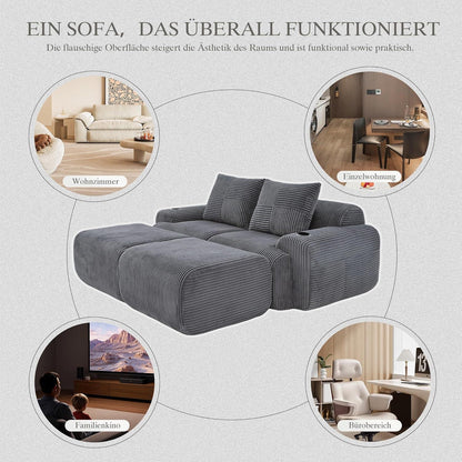 Cord Sofa 2-Sitzer mit Hockern | Getränkehalter & Stauraum