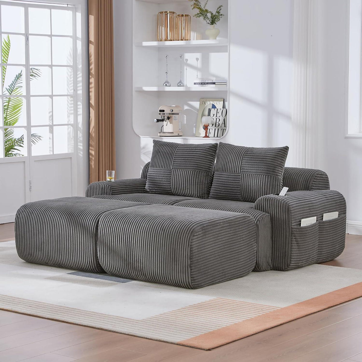 Cord Sofa 2-Sitzer mit Hockern | Getränkehalter & Stauraum