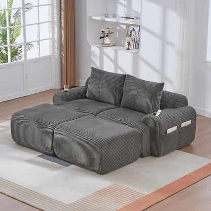 Cord Sofa 2-Sitzer mit Hockern | Getränkehalter & Stauraum
