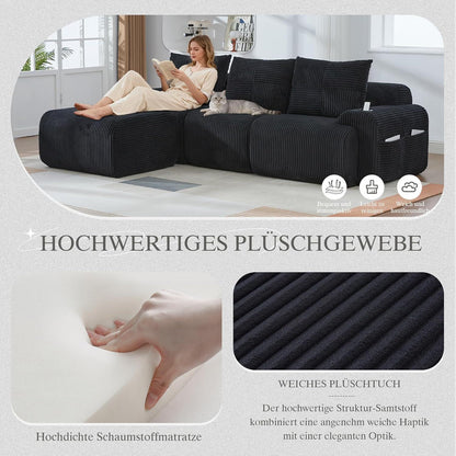 Modulares L-Form Sofa mit Hocker & Stauraum – Schwarz