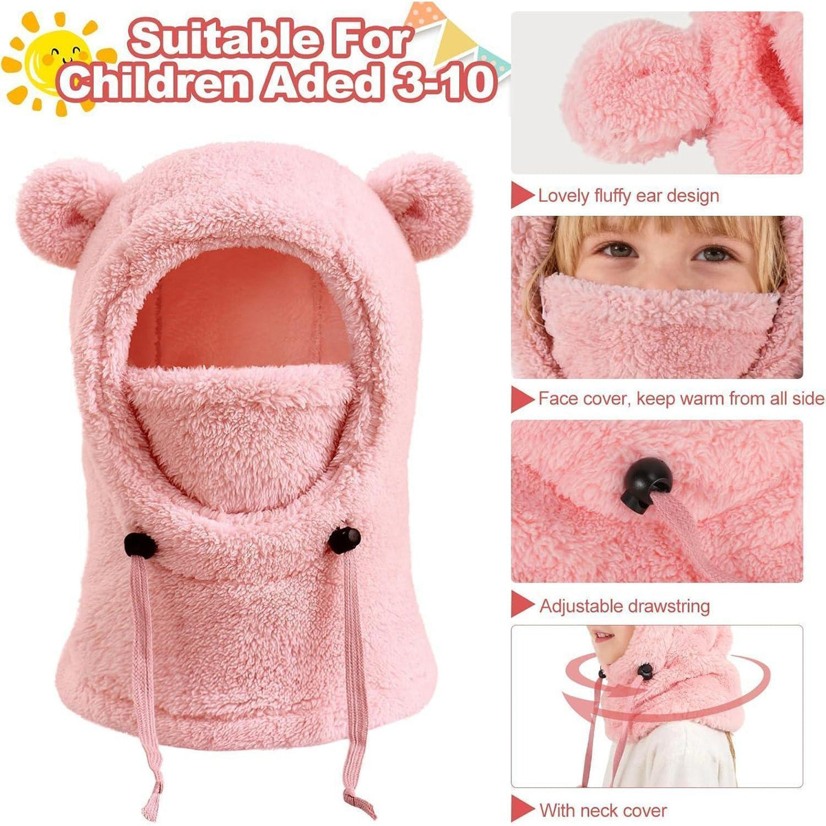Kinder Thermo Sturmhaube Fleece 3-10 Jahre Dunkelrosa
