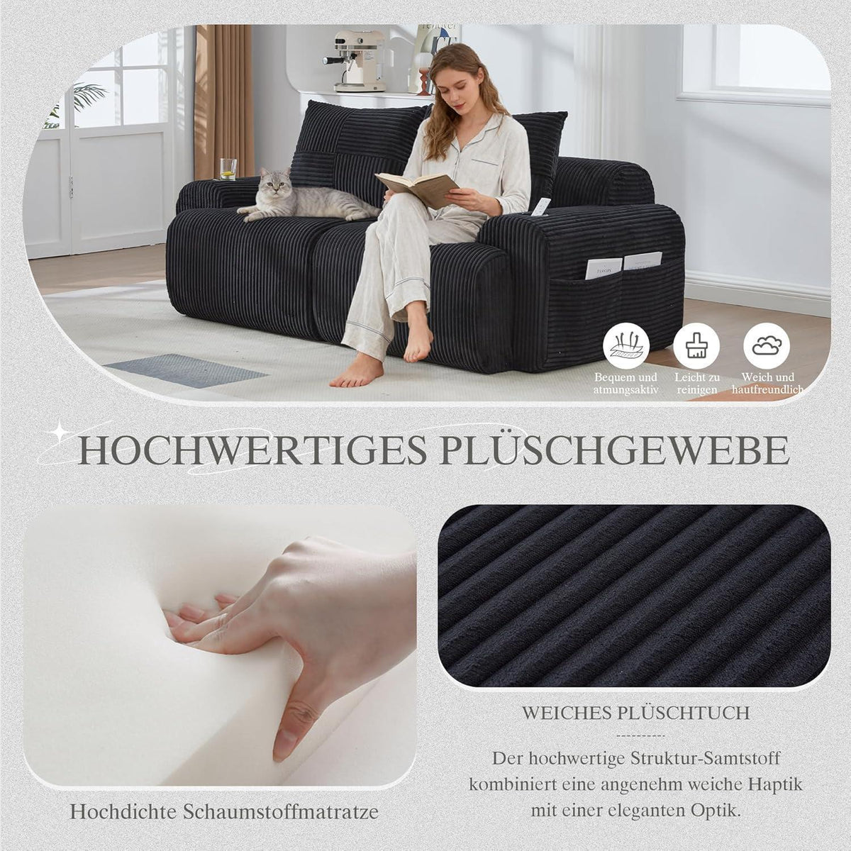 2-Sitzer Cord Sofa mit Getränkehalter & Tasche – Schwarz