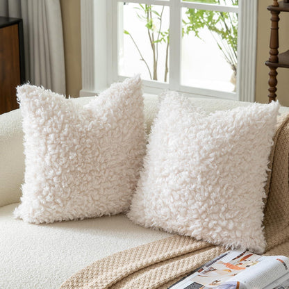 2x Kissenbezug 55x55 cm Creme Bouclé Faux Fell