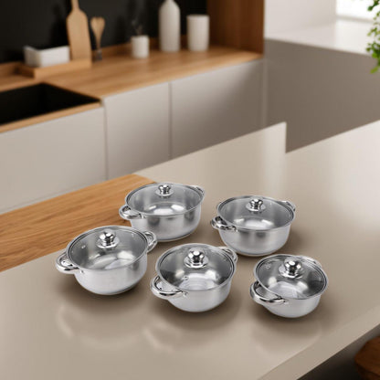 5-teiliges Edelstahl Kochgeschirr Set mit Glasdeckeln