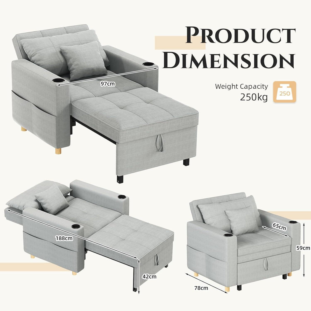 Extrabreites Schlafsofa 97cm – Schlafsessel mit Bettkasten & Getränkehalter