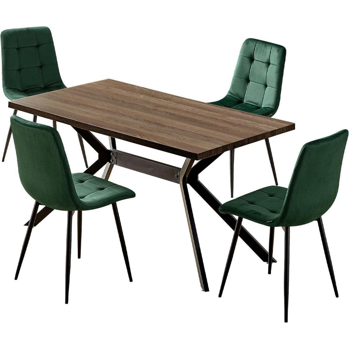 Esstisch Set Dunkelgrün & Dunkelholz | 140x80cm Tisch + 4 Stühle