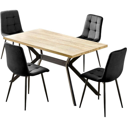 Esstisch Set mit 4 Samtstühlen – Helles Holz 140x80cm