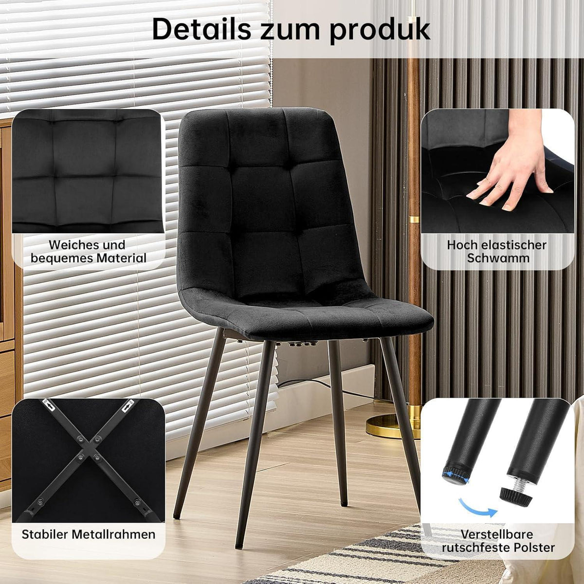Esstisch Set Dunkelholz mit 4 Samtstühlen 140x80cm