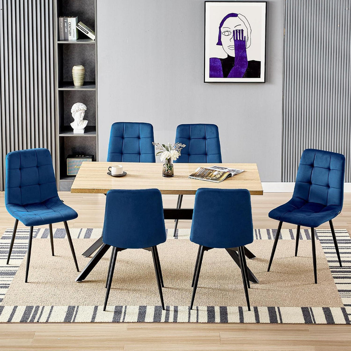 Esstisch Set mit 6 Samtstühlen – Helles Holz 140x80cm