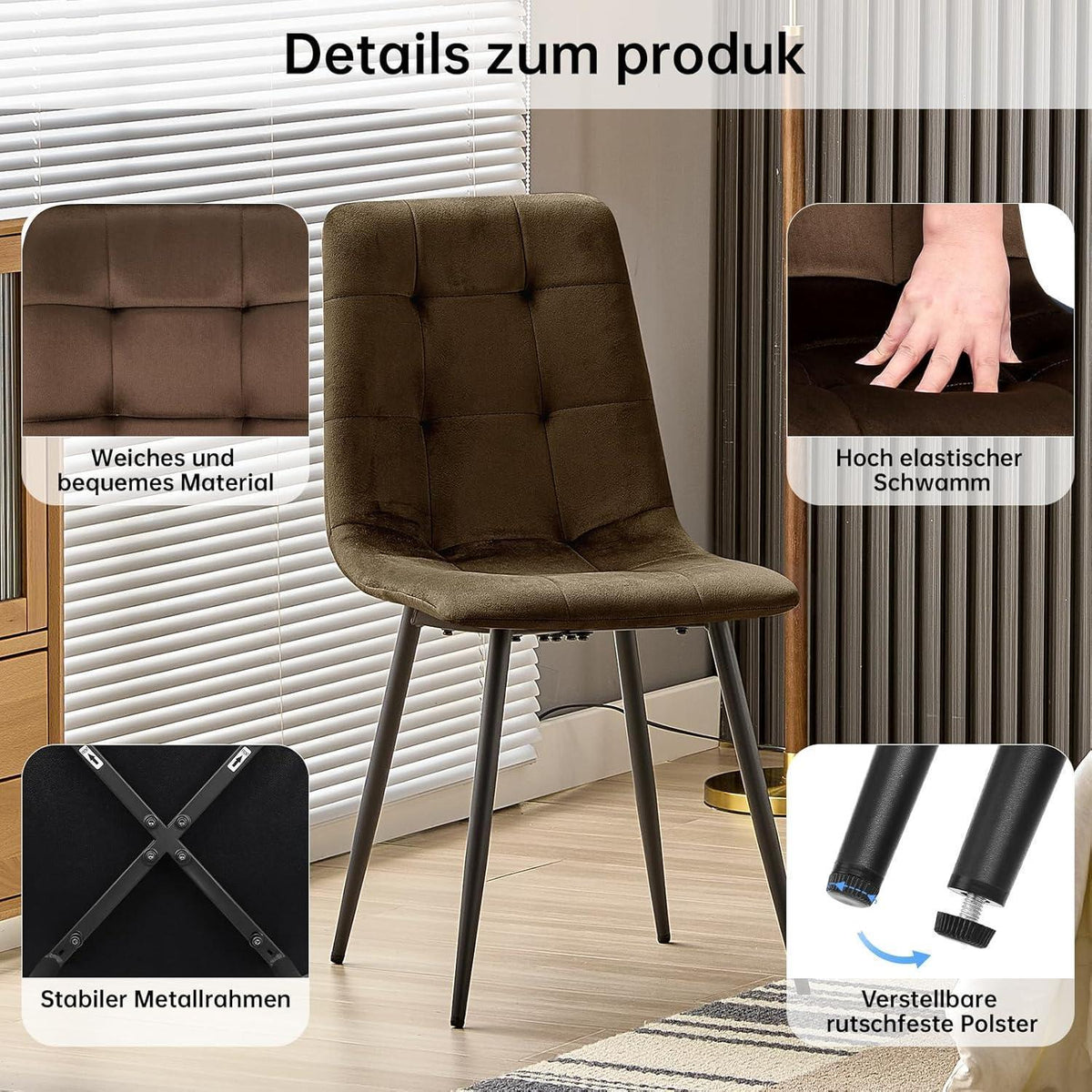 Esstisch Set Dunkelholz mit 4 Samtstühlen 140x80cm