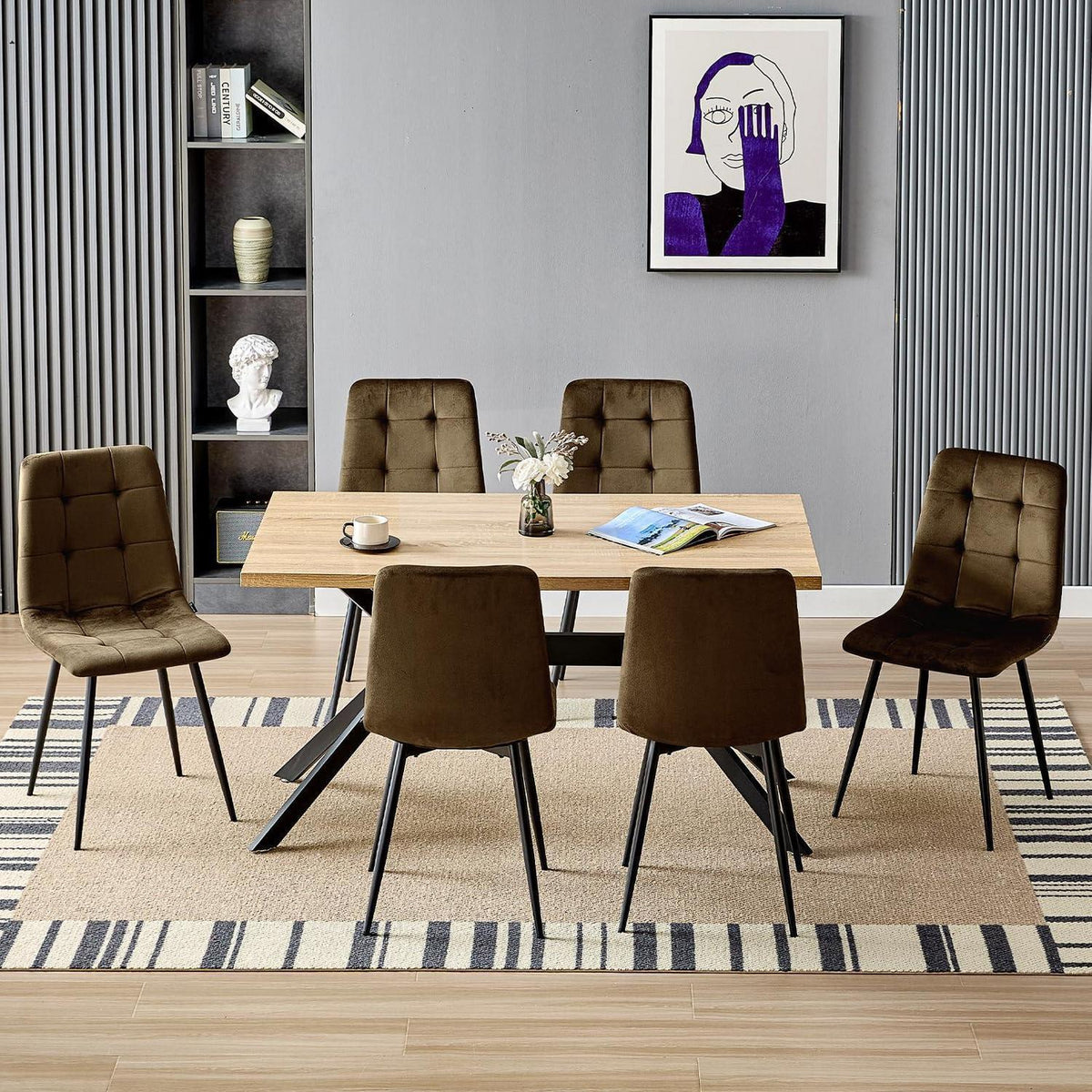 Esstisch mit 6 Samtstühlen – Helles Holz 140x80cm