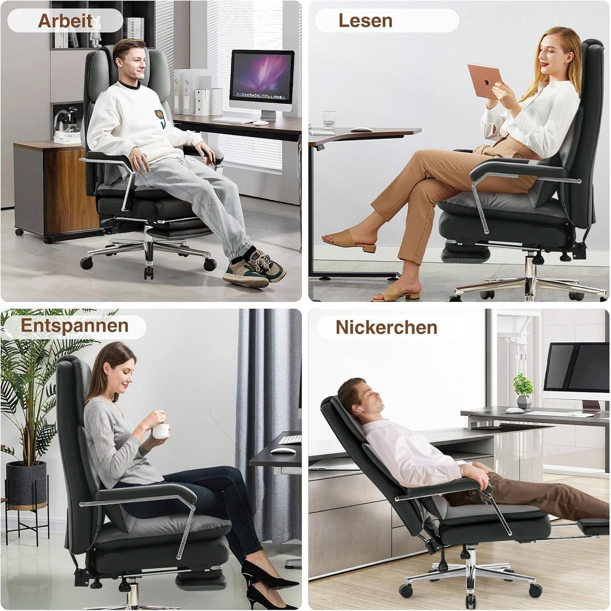 Ergonomischer Bürostuhl mit Fußstütze & Lendenwirbelstütze, Grau