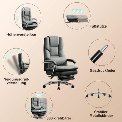 Ergonomischer Bürostuhl mit Fußstütze & Lendenwirbelstütze, Grau