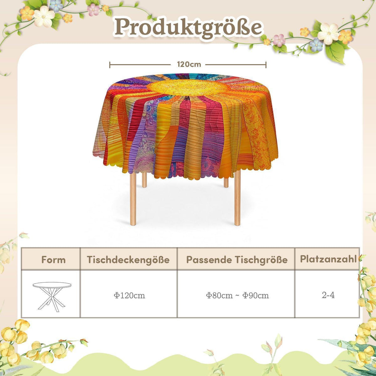 Runde Tischdecke 120 cm wetterfest – Sonnenstreifen für Garten & Balkon