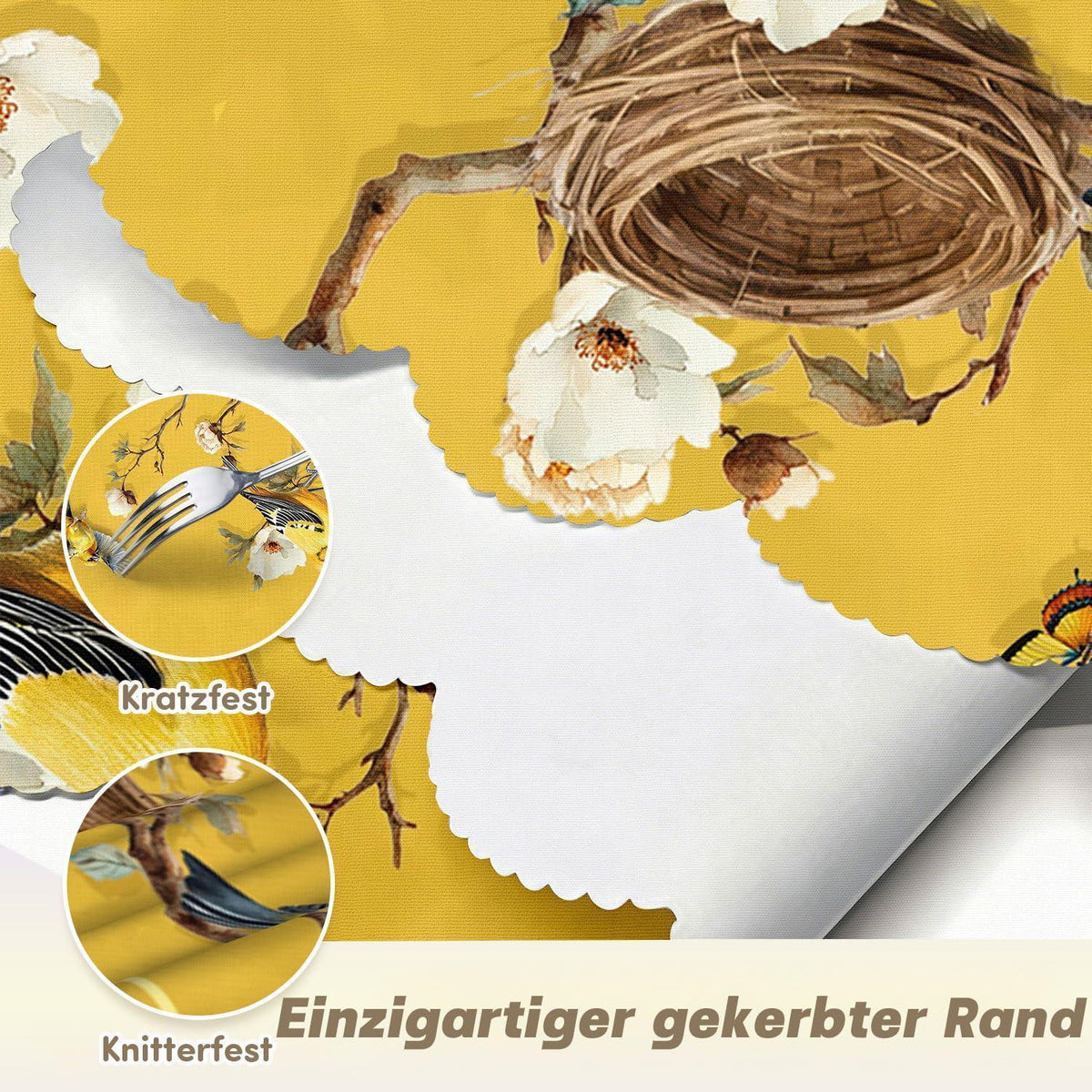 Runde Tischdecke 140 cm – Wetterfest & Goldene Vögel Muster