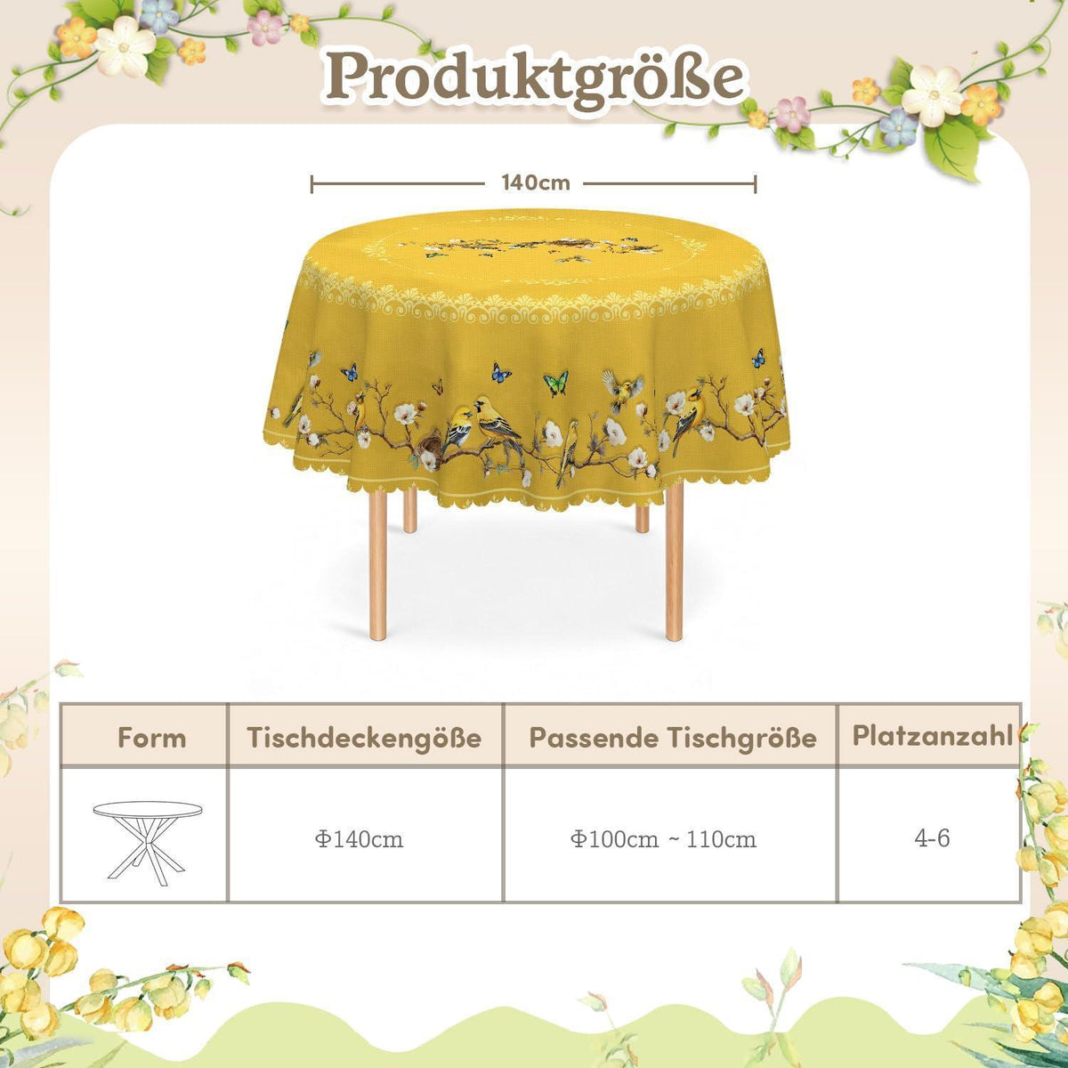 Runde Tischdecke 140 cm – Wetterfest & Goldene Vögel Muster