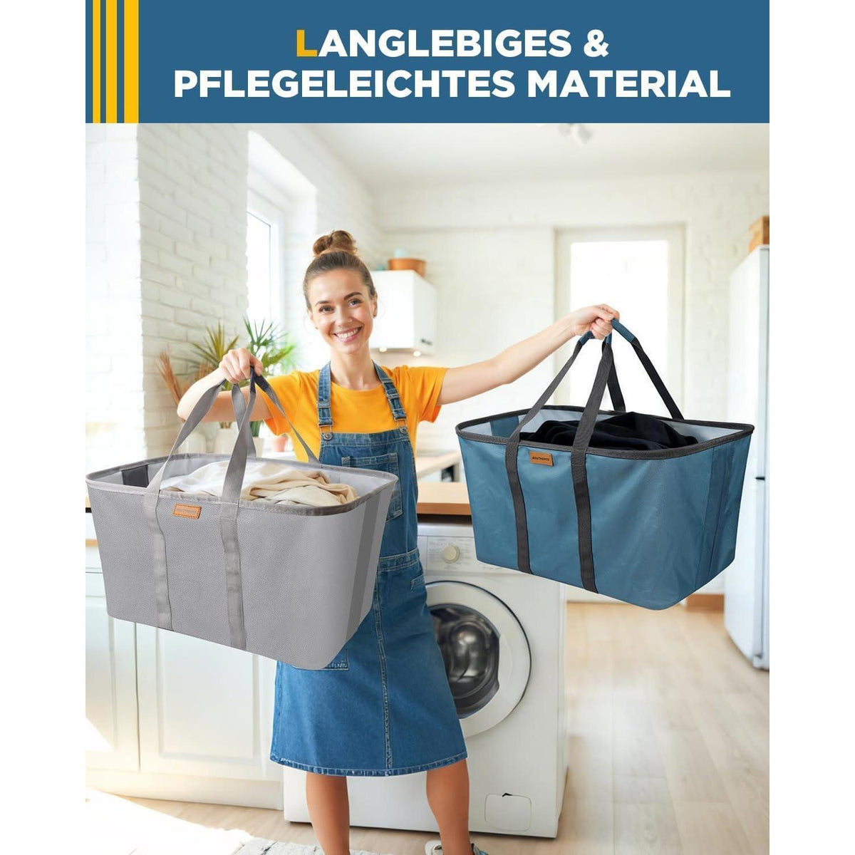Faltbarer Wäschekorb 2er Set Blau/Grau – 68L, Platzsparend