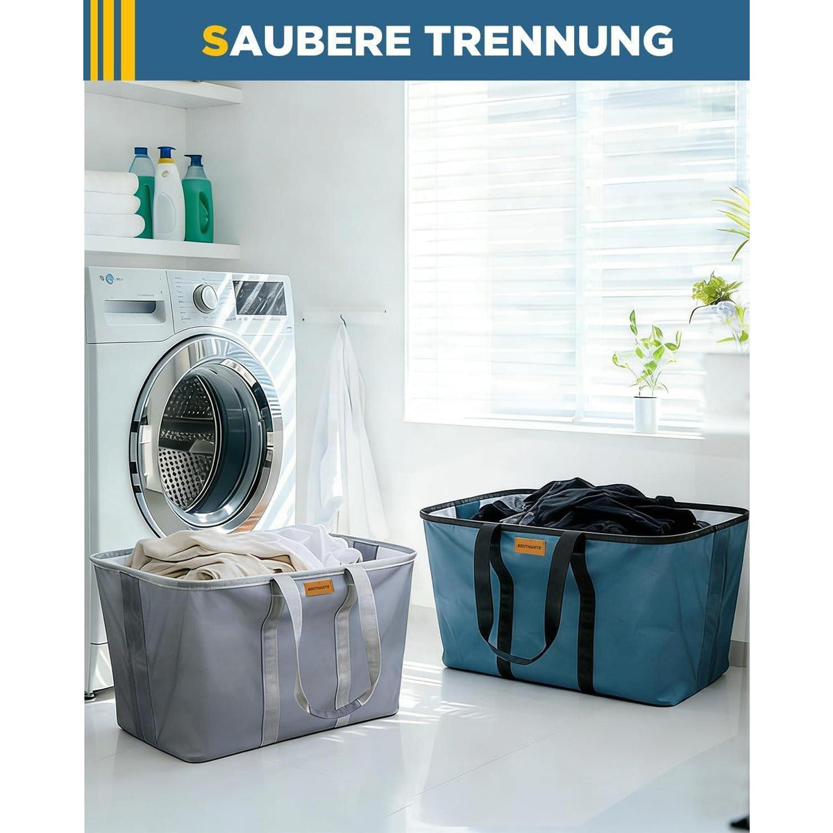 Faltbarer Wäschekorb 2er Set Blau/Grau – 68L, Platzsparend