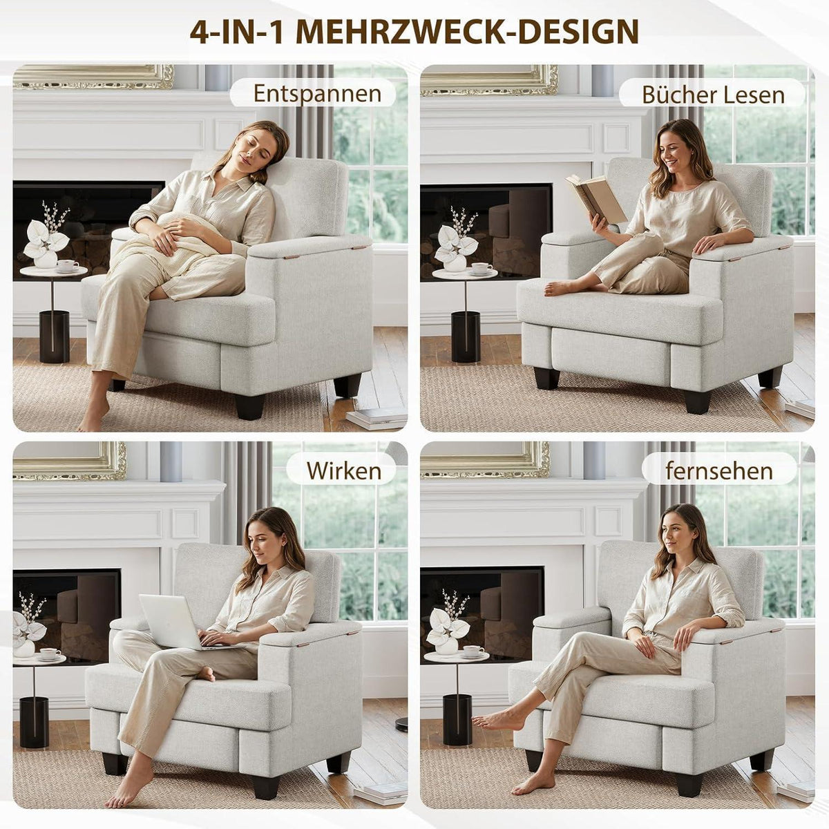 2er Set Ohrensessel mit Stauraum & Kissen – Weiß