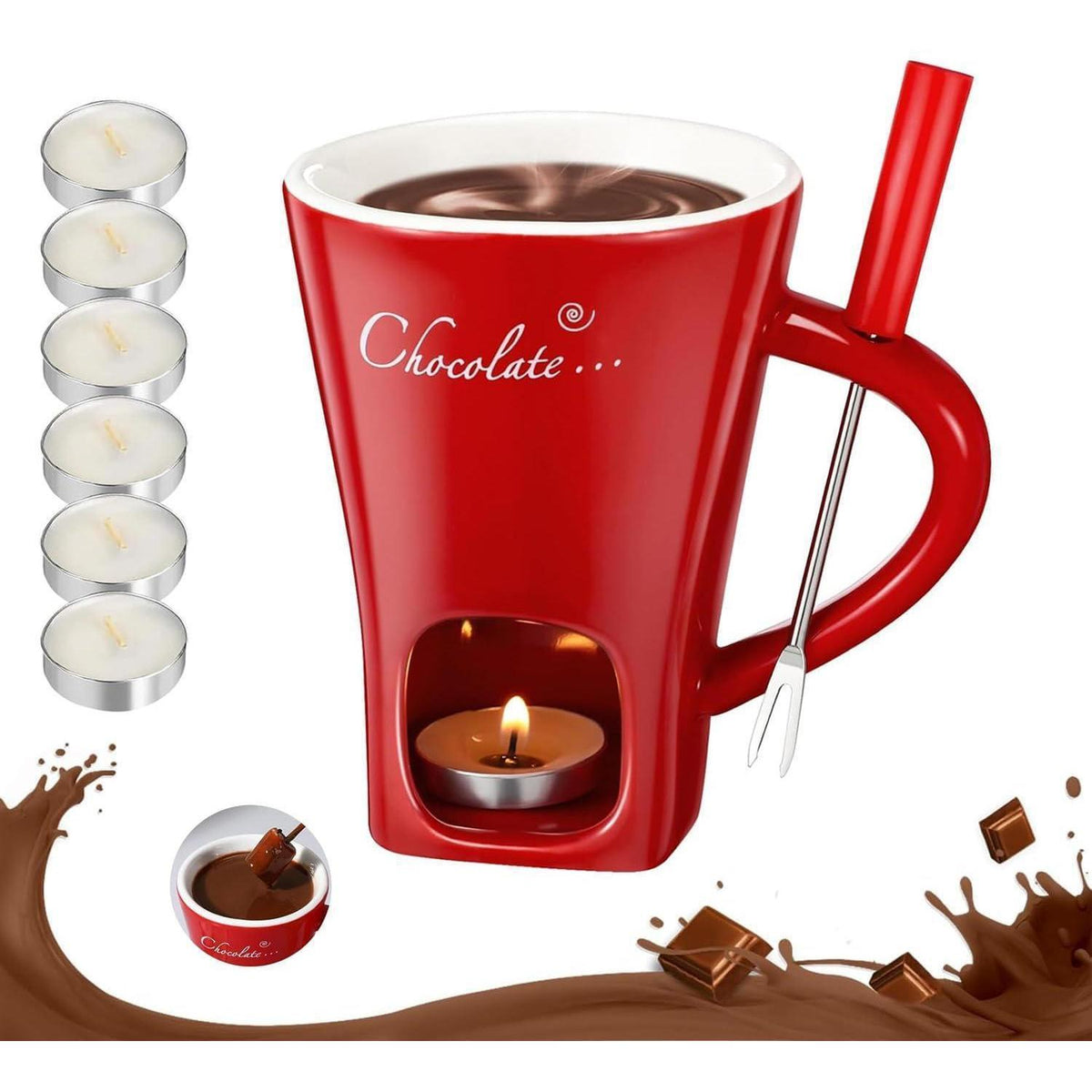 Schokofondue Tasse Set mit Gabel & 6 Teelichtern – Keramik