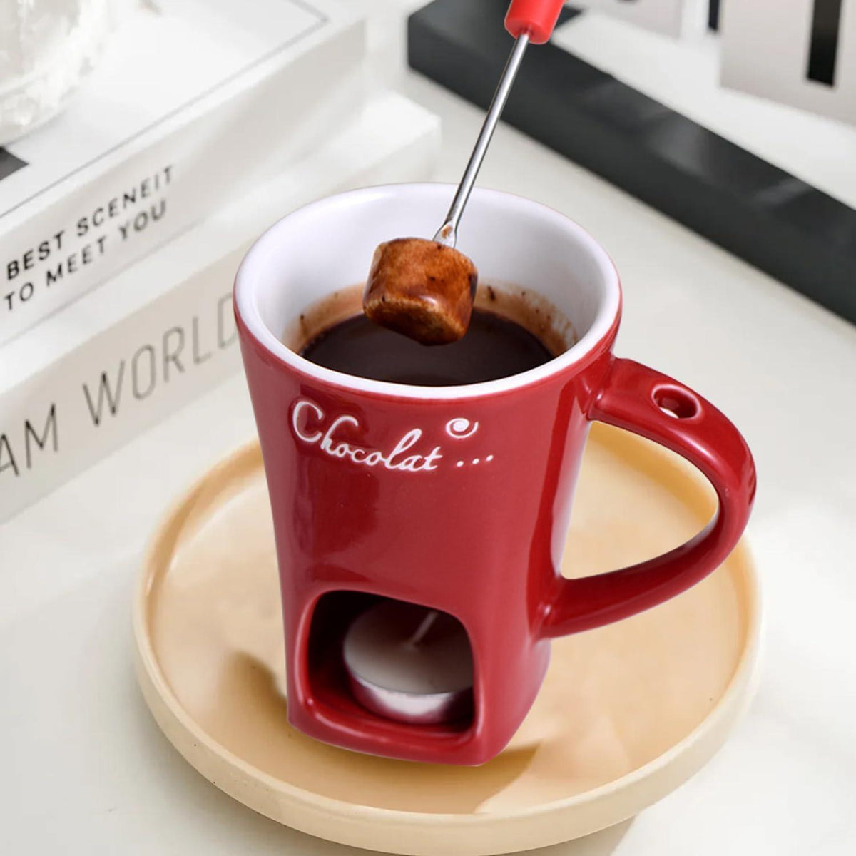 Schokofondue Tasse Set mit Gabel & 6 Teelichtern – Keramik