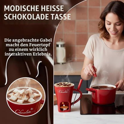 Schokofondue Tasse Set mit Gabel & 6 Teelichtern – Keramik