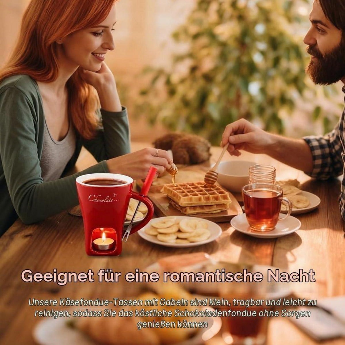 Schokofondue Tasse Set mit Gabel & 6 Teelichtern – Keramik