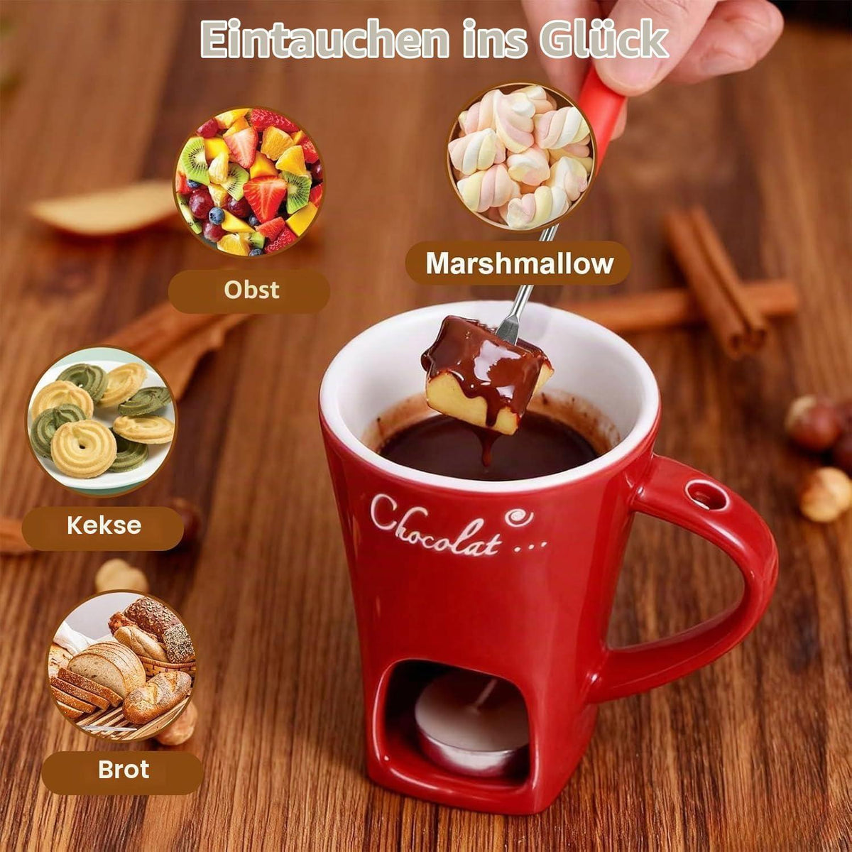 Schokofondue Tasse Set mit Gabel & 6 Teelichtern – Keramik