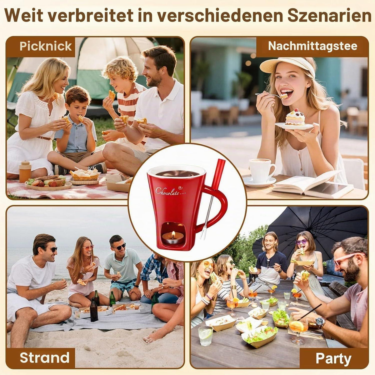 Schokofondue Tasse Set mit Gabel & 6 Teelichtern – Keramik