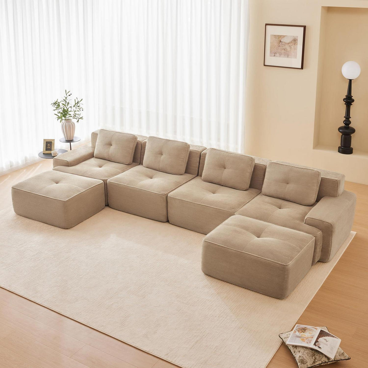 Modulares Cord Sofa 4-Sitzer mit Hockern – Beige Tiefsitz Eckcouch
