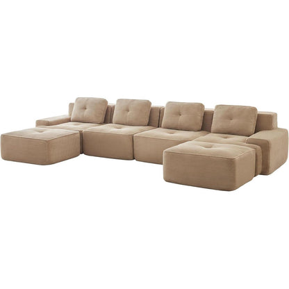 Modulares Cord Sofa 4-Sitzer mit Hockern – Beige Tiefsitz Eckcouch