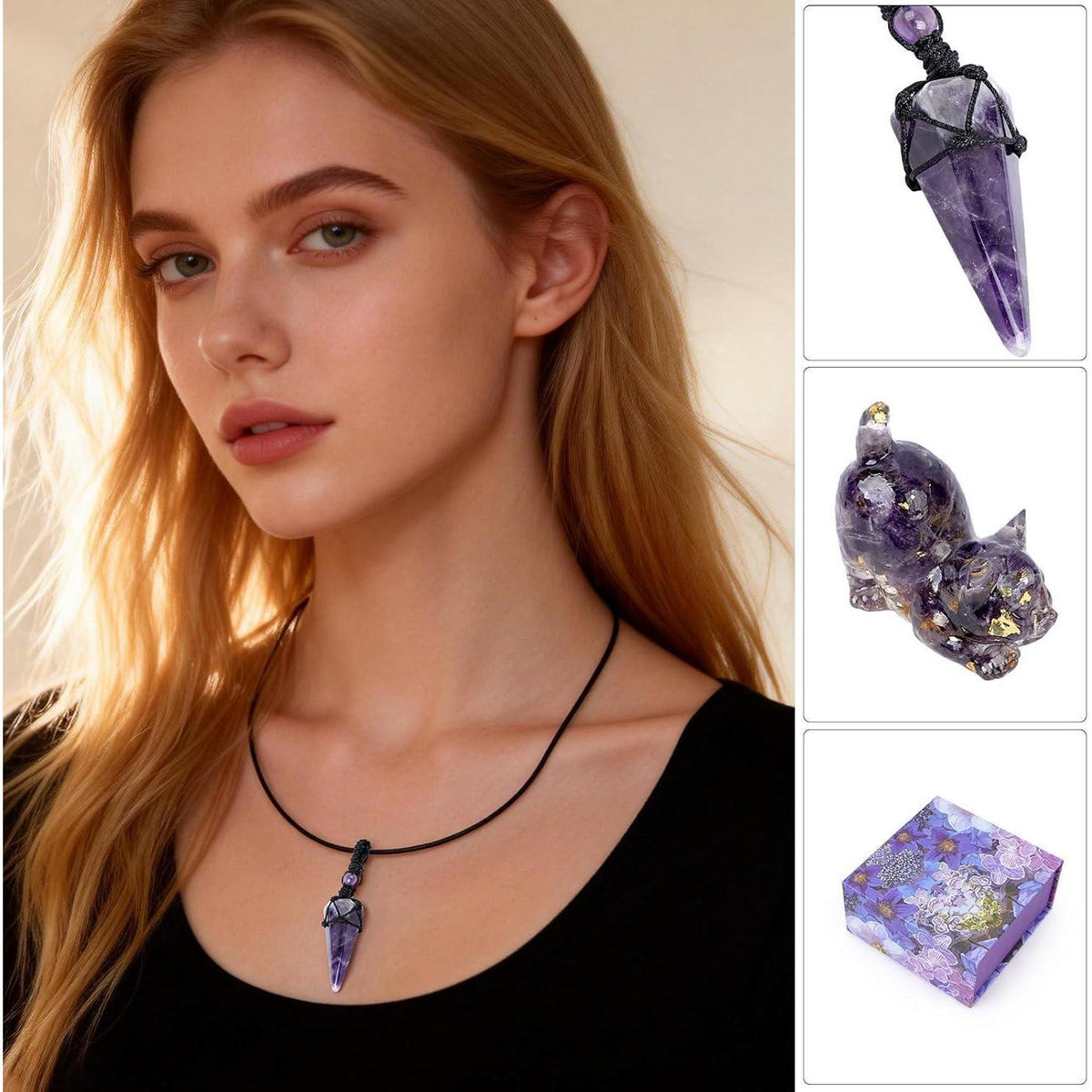 Amethyst Autoanhänger Katze – Glücksbringer für Rückspiegel