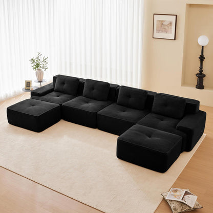 Modularer Cord-Ecksofa 4-Sitzer mit Hockern & Tiefsitz