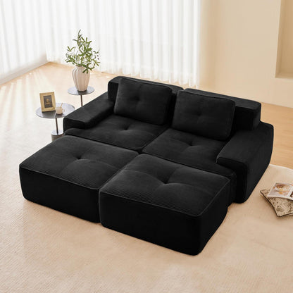 Modularer 2-Sitzer Cord Sofa mit Hockern – Tiefsitz & Komfort