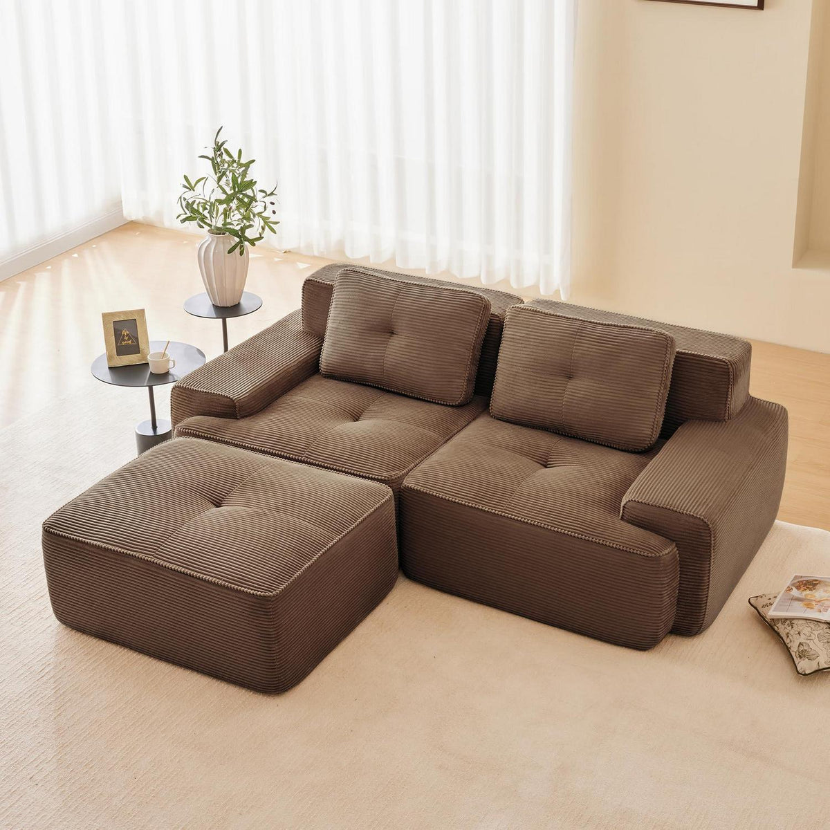 Modularer Cord-Sofa 2-Sitzer + Hocker – Tiefsitz & Flexibel