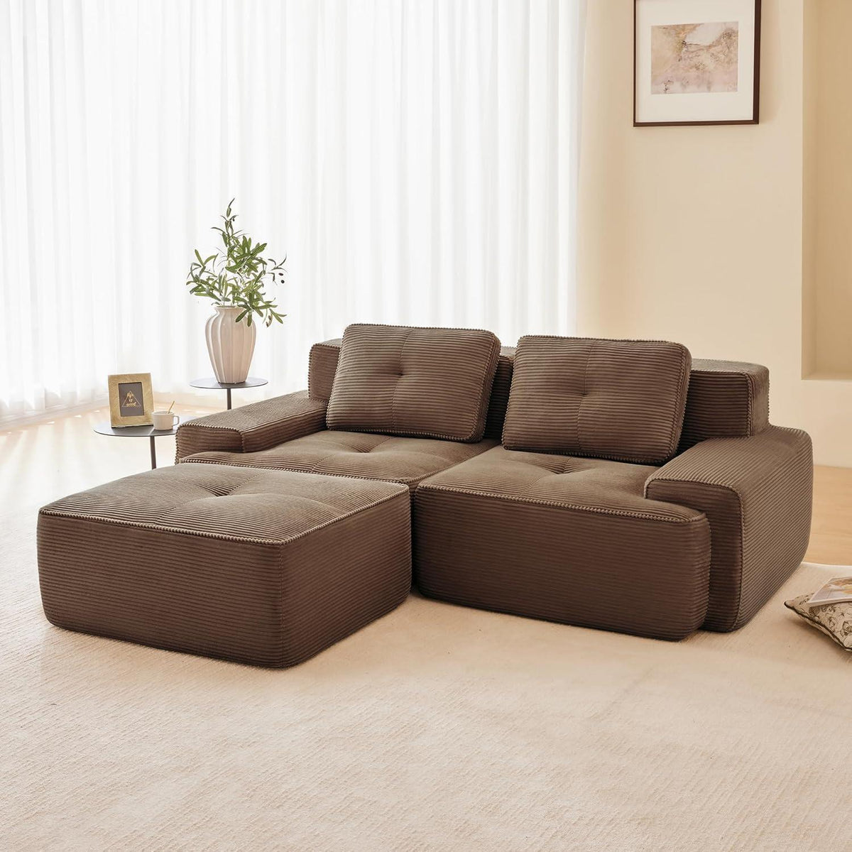 Modularer Cord-Sofa 2-Sitzer + Hocker – Tiefsitz & Flexibel