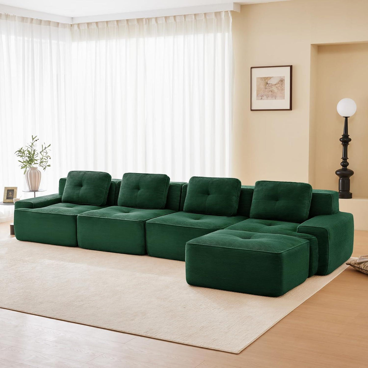 Modularer 4-Sitzer Cord-Ecksofa mit Hocker – Tiefsitz & Komfort