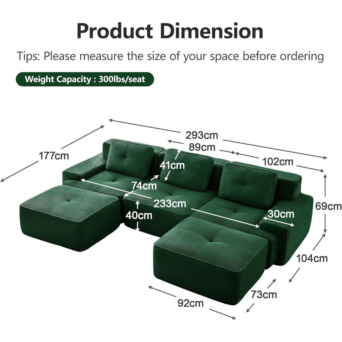 Modularer 2-Sitzer Cord-Sofa mit Hockern – Tiefsitz & Flexibel