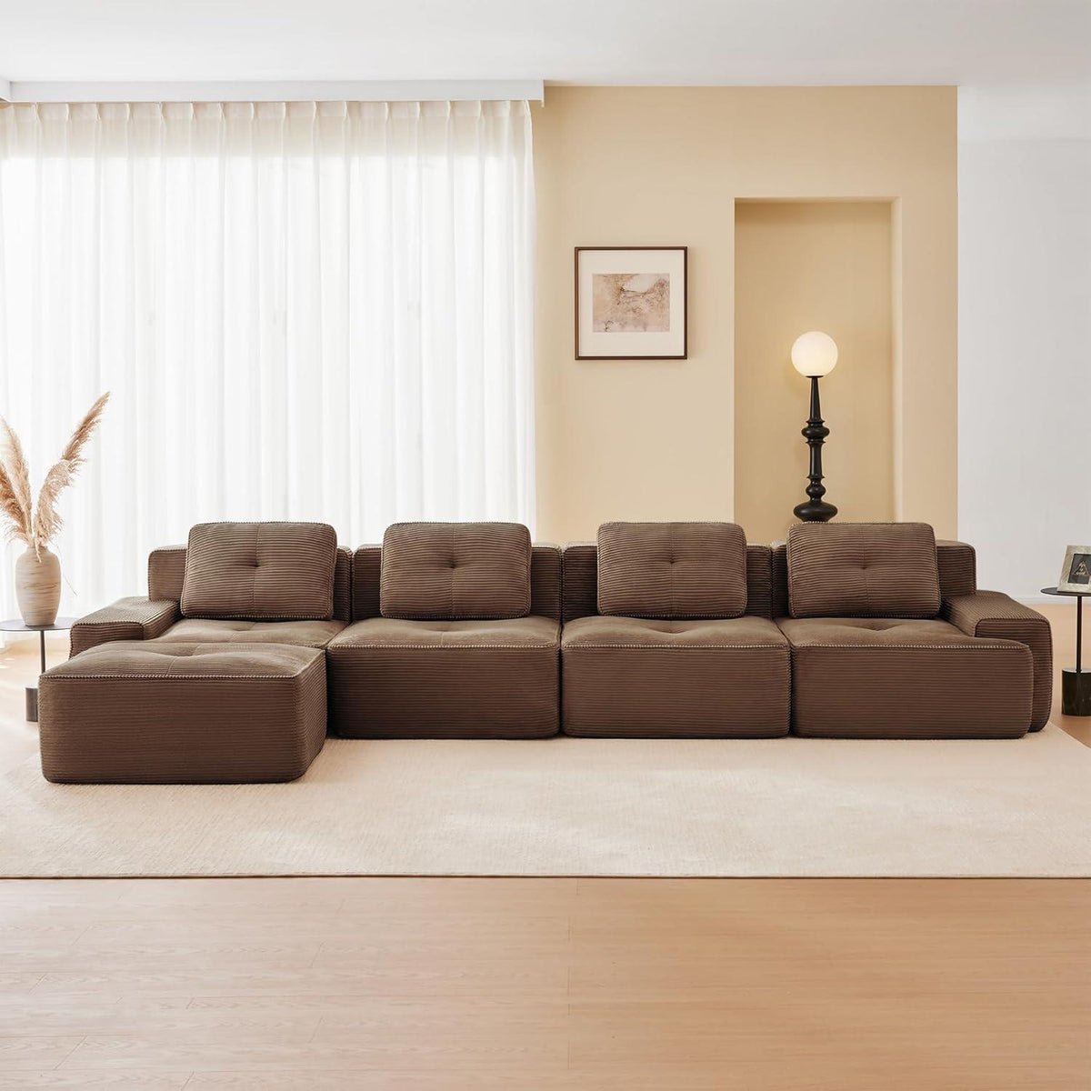 Modularer 4-Sitzer Cord Sofa mit Hocker – Tiefsitz & Komfort