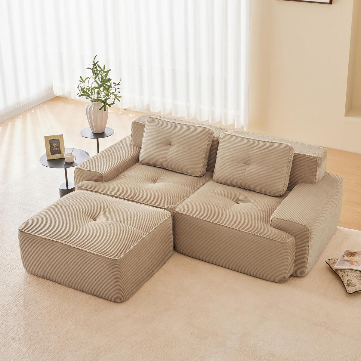 Modulares Cord Sofa 2-Sitzer + Hocker – Tiefsitz & Komfort