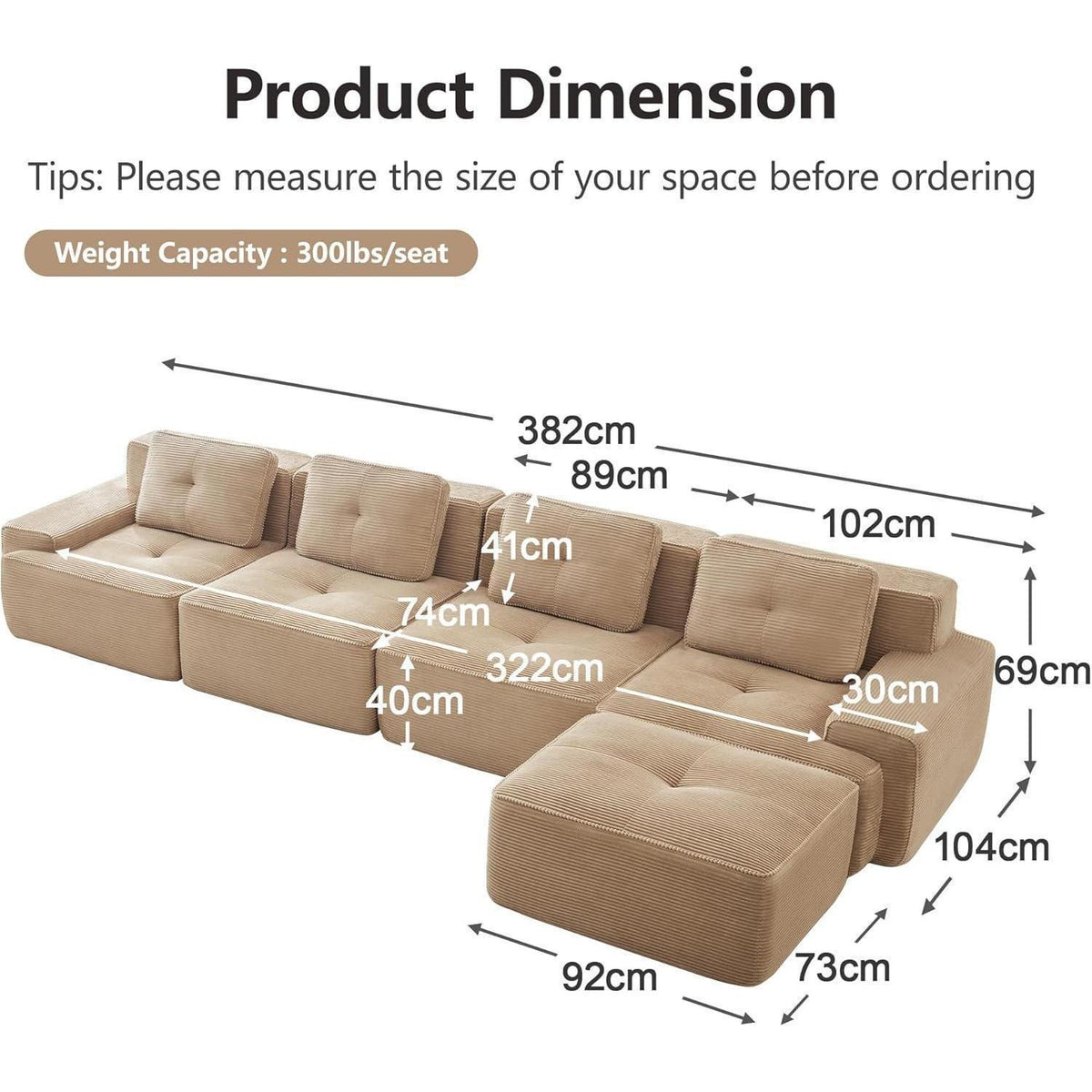 Modularer 4-Sitzer Cord Sofa mit Hocker – Tiefsitz & Komfort