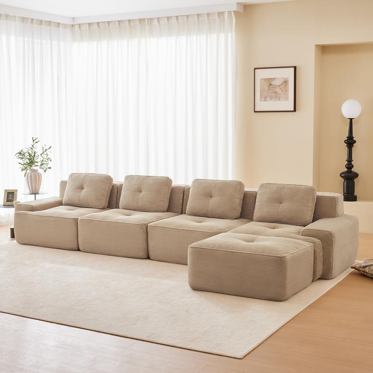 Modularer 4-Sitzer Cord Sofa mit Hocker – Tiefsitz & Komfort