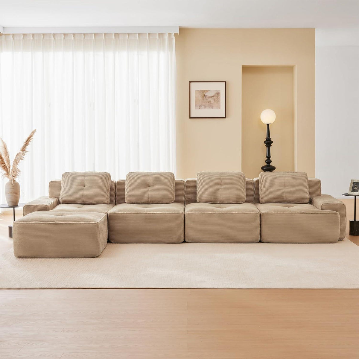Modularer 4-Sitzer Cord Sofa mit Hocker – Tiefsitz & Komfort