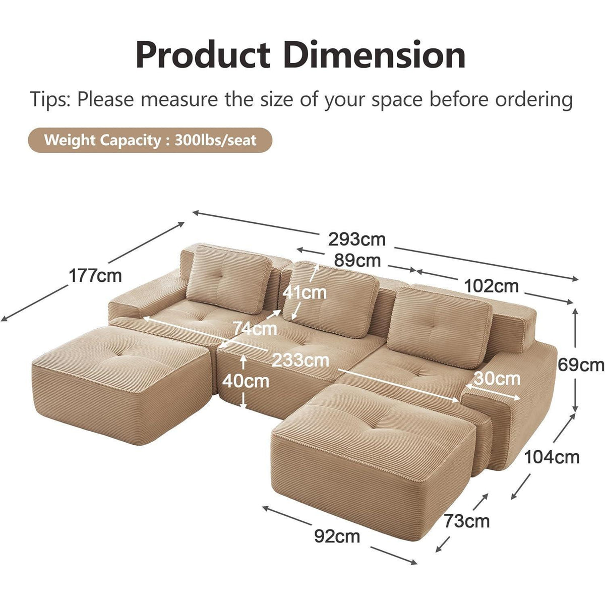 Modulares Cord Sofa 2-Sitzer + Hocker – Tiefsitz & Flexibel