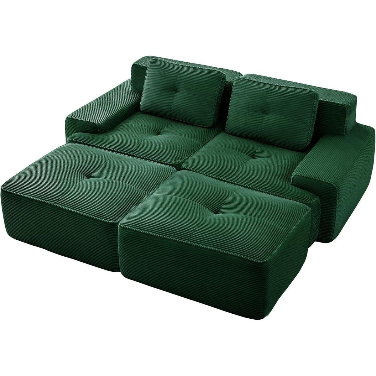 Modularer 2-Sitzer Cord Sofa mit Hockern & Tiefsitz (Grün)