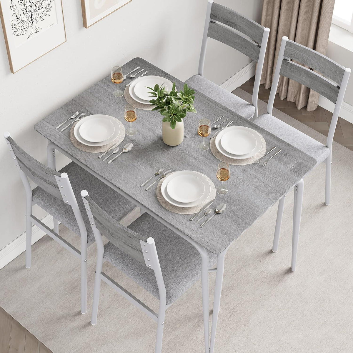 Esszimmer Set Grau-Weiß: Tisch + 4 Stühle für Küche & Wohnzimmer