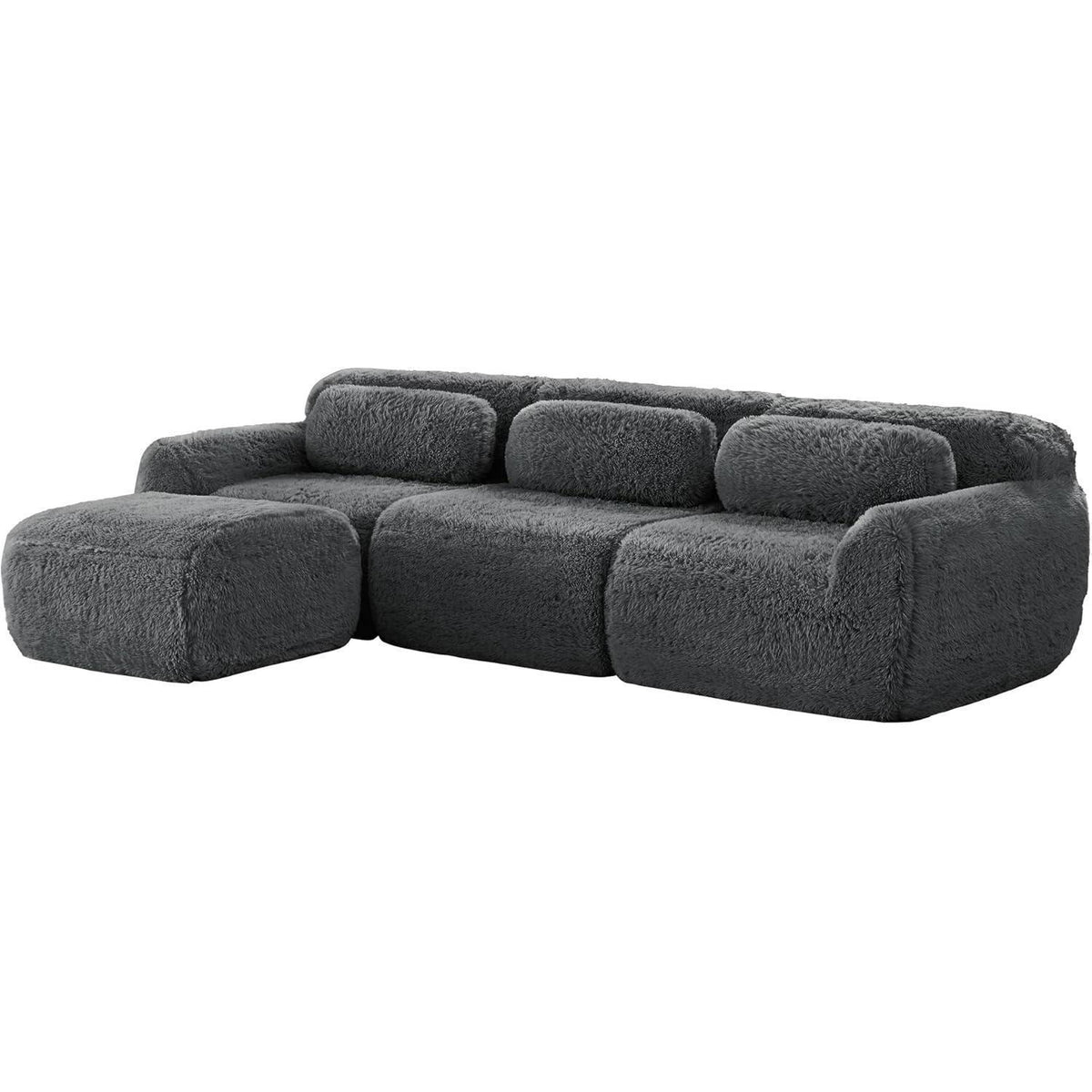 Modulares L-Form Sofa mit Hocker | Grau, Plüsch, Kein Aufbau