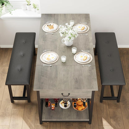 Esszimmer Set Grau: Tisch mit 2 gepolsterten Bänken & Stauraum