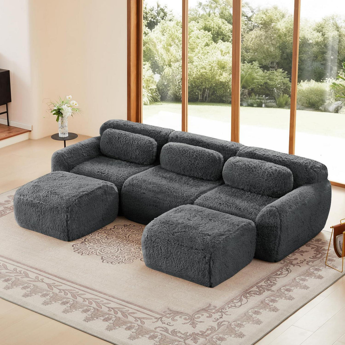 Graues U-förmiges Sofa mit Hockern – Modulares Design, kein Aufbau